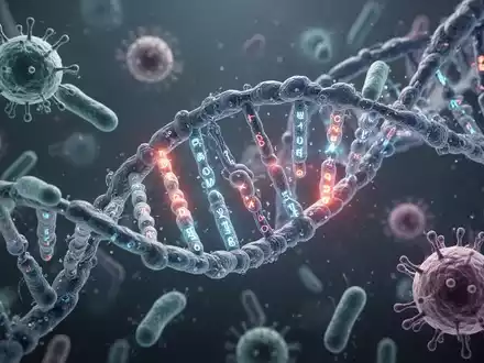 Nahaufnahme von DNA-Strängen, die sich mit stilisierten Darmbakterien und Immunzellen verflechten, mit leuchtenden genetischen Markern. - Foto: über boerse-global.de