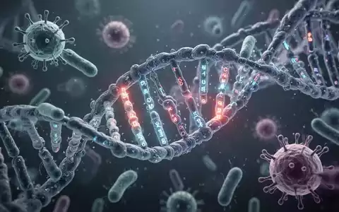 Nahaufnahme von DNA-Strängen, die sich mit stilisierten Darmbakterien und Immunzellen verflechten, mit leuchtenden genetischen Markern. - Foto: über boerse-global.de