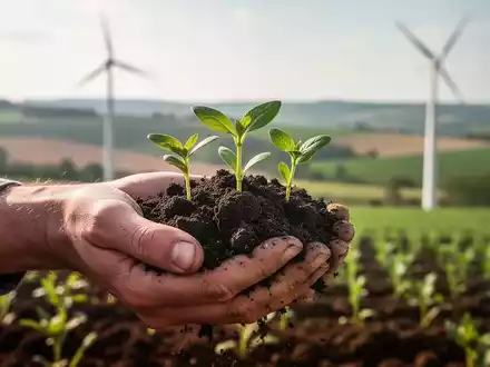 Eine Hand hält Erde mit jungen grünen Sprösslingen, im Hintergrund verschwommene Felder und ein Windrad, symbolisiert regionale Landwirtschaft. - Foto: über boerse-global.de
