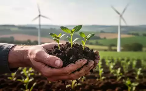 Eine Hand hält Erde mit jungen grünen Sprösslingen, im Hintergrund verschwommene Felder und ein Windrad, symbolisiert regionale Landwirtschaft. - Foto: über boerse-global.de
