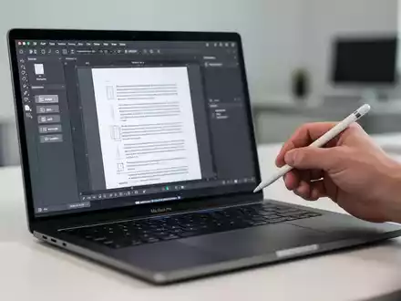 Nahaufnahme eines MacBook Pro-Bildschirms mit einer PDF-Bearbeitungs-App, eine Hand hält einen Apple Pencil in der Nähe des Trackpads. - Foto: über boerse-global.de