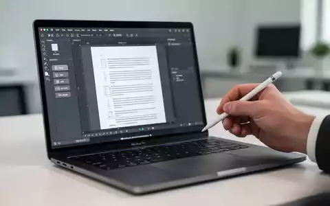 Nahaufnahme eines MacBook Pro-Bildschirms mit einer PDF-Bearbeitungs-App, eine Hand hält einen Apple Pencil in der Nähe des Trackpads. - Foto: über boerse-global.de