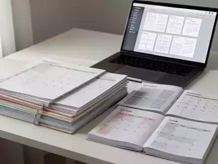 Aufgeräumter Schreibtisch mit Kalendern, Planern, Laptop mit digitaler Vorlage und Stift. Fokus auf Organisation. - Foto: über boerse-global.de