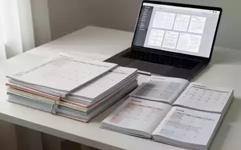 Aufgeräumter Schreibtisch mit Kalendern, Planern, Laptop mit digitaler Vorlage und Stift. Fokus auf Organisation. - Foto: über boerse-global.de