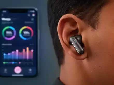 Ohr mit modernem Ohrhörer, unscharfer Smartphone-Bildschirm mit Gesundheitsdaten und Audioeinstellungen im Hintergrund. - Foto: über boerse-global.de
