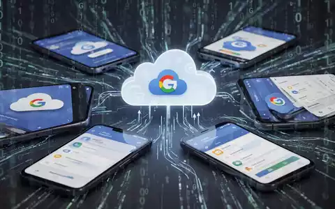 Mehrere Android-Bildschirme mit Cloud-Speicher-Icons und Datenverwaltungseinstellungen, symbolisieren Datenbewegung in eine zentrale Cloud. - Foto: über boerse-global.de