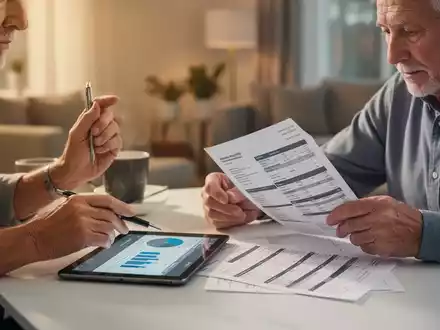 Ein älteres Ehepaar sitzt an einem Tisch und prüft Finanzdokumente, ein Tablet zeigt Diagramme. - Foto: über boerse-global.de