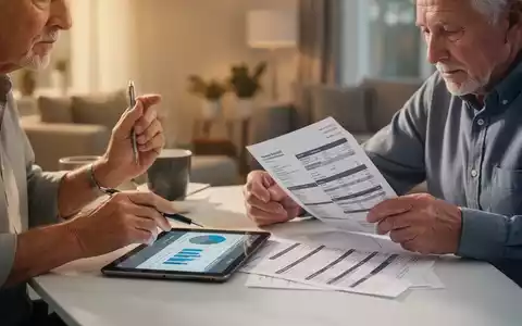 Ein älteres Ehepaar sitzt an einem Tisch und prüft Finanzdokumente, ein Tablet zeigt Diagramme. - Foto: über boerse-global.de