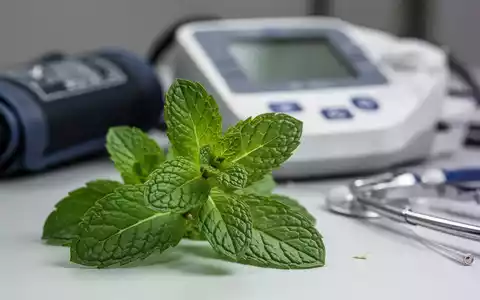 Nahaufnahme von frischen Pfefferminzblättern mit unscharfem Hintergrund eines Blutdruckmessgeräts und medizinischer Instrumente. - Foto: über boerse-global.de