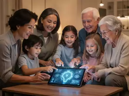 Mehrere Generationen einer Familie interagieren mit einem Tablet. - Foto: über boerse-global.de