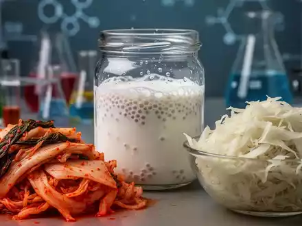 Nahaufnahme von verschiedenen fermentierten Lebensmitteln: leuchtendes Kimchi, Kefirkörner in einem Glas und Sauerkraut in einer Schale. - Foto: über boerse-global.de