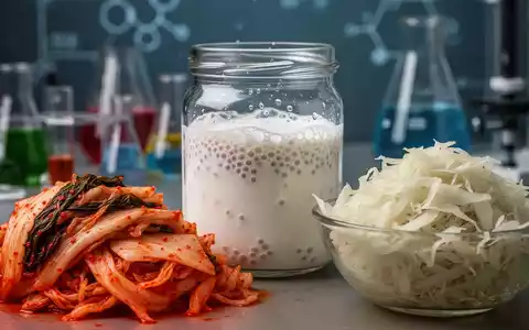 Nahaufnahme von verschiedenen fermentierten Lebensmitteln: leuchtendes Kimchi, Kefirkörner in einem Glas und Sauerkraut in einer Schale. - Foto: über boerse-global.de