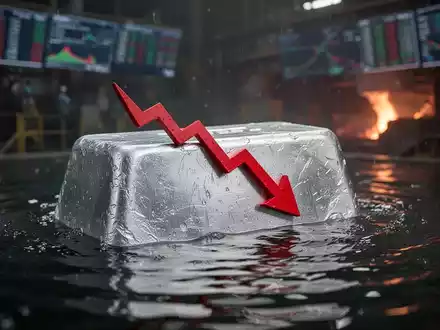 Ein glänzender Aluminiumbarren, der eine rote, abwärts gerichtete Pfeilreflexion zeigt, teilweise in dunkles Wasser getaucht. - Foto: über boerse-global.de
