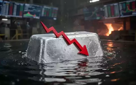 Ein glänzender Aluminiumbarren, der eine rote, abwärts gerichtete Pfeilreflexion zeigt, teilweise in dunkles Wasser getaucht. - Foto: über boerse-global.de