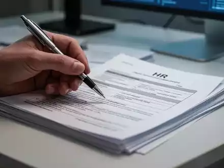 Eine Hand hält einen Stift über einem Stapel von HR-Formularen und Dokumenten auf einem Schreibtisch, der Bürokratie symbolisiert. - Foto: über boerse-global.de
