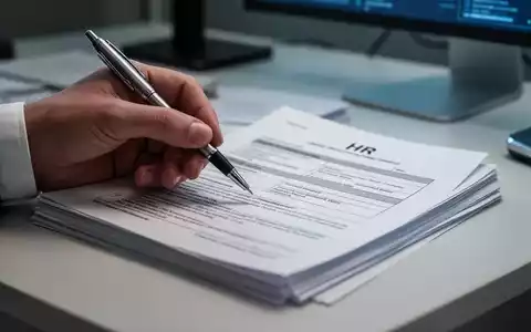 Eine Hand hält einen Stift über einem Stapel von HR-Formularen und Dokumenten auf einem Schreibtisch, der Bürokratie symbolisiert. - Foto: über boerse-global.de