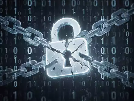 Leuchtendes Vorhängeschloss mit gebrochenem Kettenglied vor Binärcode-Hintergrund, symbolisiert Sicherheitslücke. - Foto: über boerse-global.de
