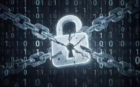 Leuchtendes Vorhängeschloss mit gebrochenem Kettenglied vor Binärcode-Hintergrund, symbolisiert Sicherheitslücke. - Foto: über boerse-global.de