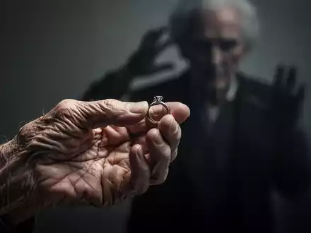 Eine Nahaufnahme der faltigen Hand eines älteren Menschen, die einen Ehering hält, mit einer verschwommenen, schattenhaften Gestalt im Hintergrund. - Foto: über boerse-global.de