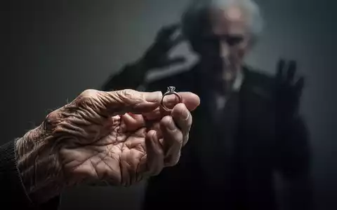 Eine Nahaufnahme der faltigen Hand eines älteren Menschen, die einen Ehering hält, mit einer verschwommenen, schattenhaften Gestalt im Hintergrund. - Foto: über boerse-global.de