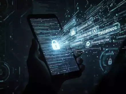 Eine Hand hält ein Android-Handy mit leuchtendem digitalem Code und KI-Phishing-Ködern auf dem Bildschirm, symbolisiert Cyber-Bedrohungen. - Foto: über boerse-global.de