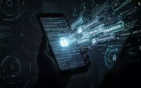 Eine Hand hält ein Android-Handy mit leuchtendem digitalem Code und KI-Phishing-Ködern auf dem Bildschirm, symbolisiert Cyber-Bedrohungen. - Foto: über boerse-global.de