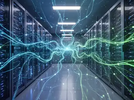 Futuristischer Serverraum mit leuchtend blauen und grünen Datenströmen, die KI-Modelltraining und komplexe Rechenprozesse symbolisieren. - Foto: über boerse-global.de