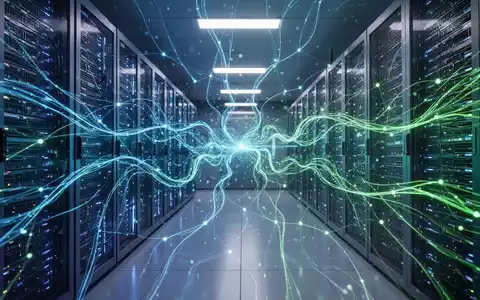 Futuristischer Serverraum mit leuchtend blauen und grünen Datenströmen, die KI-Modelltraining und komplexe Rechenprozesse symbolisieren. - Foto: über boerse-global.de