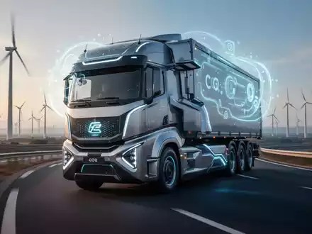 Ein moderner elektrischer Lastwagen fährt auf einer Autobahn mit angedeuteter Infrastruktur für erneuerbare Energien im Hintergrund. - Foto: über boerse-global.de