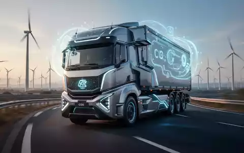 Ein moderner elektrischer Lastwagen fährt auf einer Autobahn mit angedeuteter Infrastruktur für erneuerbare Energien im Hintergrund. - Foto: über boerse-global.de