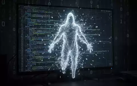 Eine digitale Geisterfigur aus leuchtendem Code, die aus einem Bildschirm mit weiterem Code auftaucht. Dunkle, hochtechnologische Umgebung. - Foto: über boerse-global.de