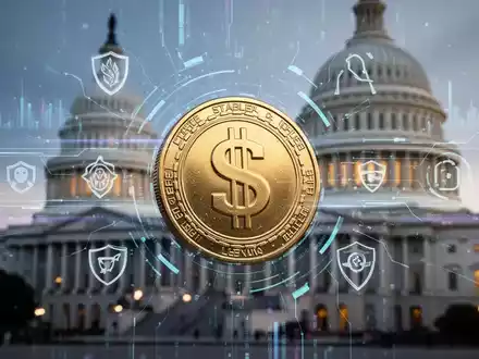 Eine stilisierte digitale Münze mit einem Dollarzeichen, überlagert von digitalen Datenströmen und regulatorischen Symbolen, vor dem US-Kapitol. - Foto: über boerse-global.de