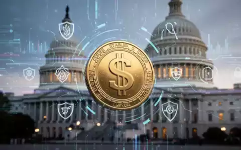 Eine stilisierte digitale Münze mit einem Dollarzeichen, überlagert von digitalen Datenströmen und regulatorischen Symbolen, vor dem US-Kapitol. - Foto: über boerse-global.de