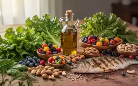 Eine Anordnung gesunder Lebensmittel auf einem Holztisch, darunter grünes Blattgemüse, Beeren, Nüsse, Olivenöl und Fisch. - Foto: über boerse-global.de