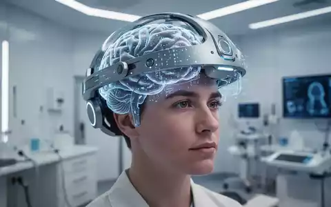 Eine Person trägt einen futuristischen Helm mit Sensoren, der Hirnaktivität überwacht, in einer klinischen Umgebung. - Foto: über boerse-global.de