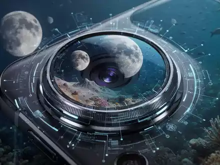 Nahaufnahme einer High-Tech-Smartphone-Kamera, die Mondoberfläche und Unterwasserszene spiegelt. - Foto: über boerse-global.de