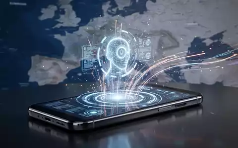 Smartphone mit holografischer KI-Assistenten-Oberfläche und leuchtenden Datenströmen. Verschwommene EU-Karte im Hintergrund. - Foto: über boerse-global.de