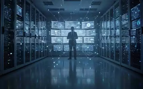 Gedimmter Serverraum mit blauen Lichtern, die eine digitale Welt reflektieren, leichte Silhouette eines Managers. - Foto: über boerse-global.de