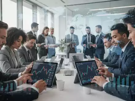 Eine Gruppe von Anlegern in einem modernen Büro, die Finanzdaten und Diagramme auf Tablets betrachten. - Foto: über boerse-global.de