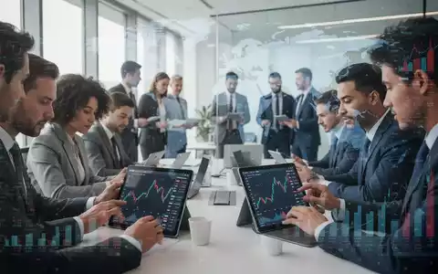 Eine Gruppe von Anlegern in einem modernen Büro, die Finanzdaten und Diagramme auf Tablets betrachten. - Foto: über boerse-global.de
