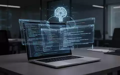 Futuristischer Laptop mit holografischer Oberfläche, Code- und Textfenstern, symbolisiert KI-Integration und Produktivität. - Foto: über boerse-global.de