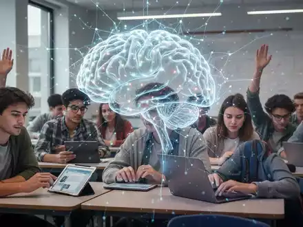 Leuchtendes neuronales Netz über Schülern in einem modernen Klassenzimmer, symbolisiert KI-Integration in der Bildung. - Foto: über boerse-global.de