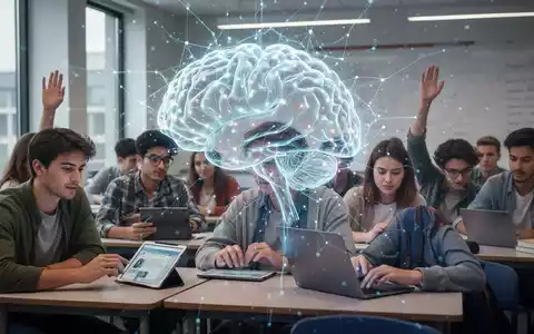 Leuchtendes neuronales Netz über Schülern in einem modernen Klassenzimmer, symbolisiert KI-Integration in der Bildung. - Foto: über boerse-global.de
