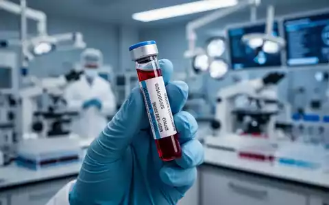 Nahaufnahme eines Blutteströhrchens in einem Labor, mit verschwommenem Hintergrund medizinischer Forschungsgeräte. Fokus auf Präzision. - Foto: über boerse-global.de