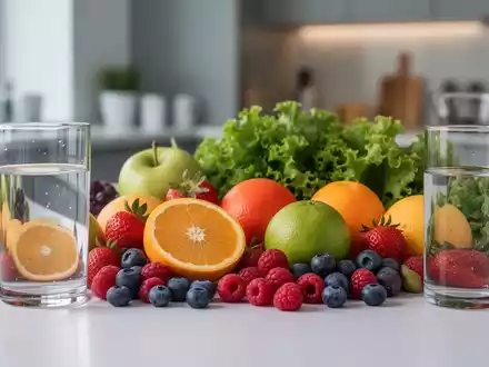 Nahaufnahme von frischen Früchten und Gemüse, die eine gesunde Ernährung symbolisieren, mit einem Glas Wasser daneben. - Foto: über boerse-global.de