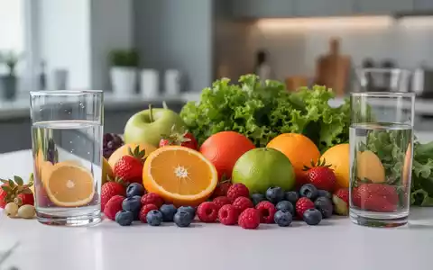 Nahaufnahme von frischen Früchten und Gemüse, die eine gesunde Ernährung symbolisieren, mit einem Glas Wasser daneben. - Foto: über boerse-global.de