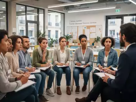 Eine Gruppe von Menschen in Marseille nimmt an einem Kurs für psychische Erste Hilfe teil und hört einem Ausbilder aufmerksam zu. - Foto: über boerse-global.de