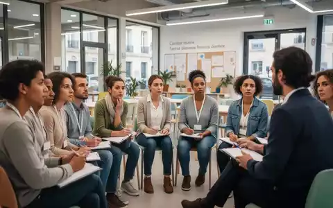 Eine Gruppe von Menschen in Marseille nimmt an einem Kurs für psychische Erste Hilfe teil und hört einem Ausbilder aufmerksam zu. - Foto: über boerse-global.de