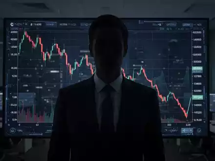 Verschwommene Figur im Anzug in einem High-Tech-Büro, mit digitalem Kryptowährungsdiagramm, das einen Abwärtstrend zeigt. - Foto: über boerse-global.de