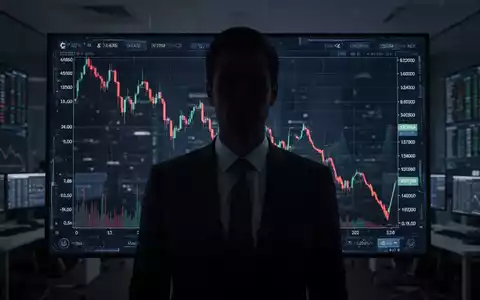 Verschwommene Figur im Anzug in einem High-Tech-Büro, mit digitalem Kryptowährungsdiagramm, das einen Abwärtstrend zeigt. - Foto: über boerse-global.de